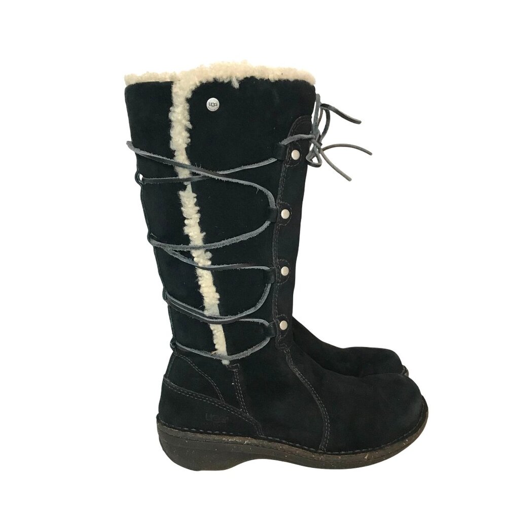 UGG Australia Women's  7 Black Suede Surfcat Winter Boots Lace Shearling